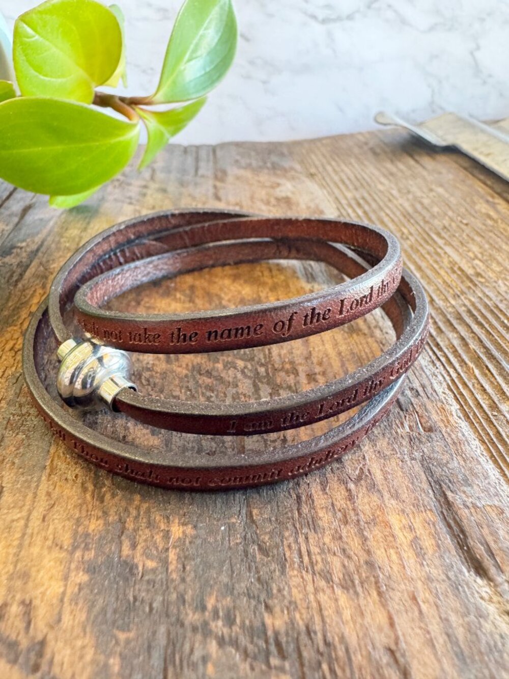 AMEN Dark Brown Leather Stainless Steel 10 Commandments Wrap Bracelet